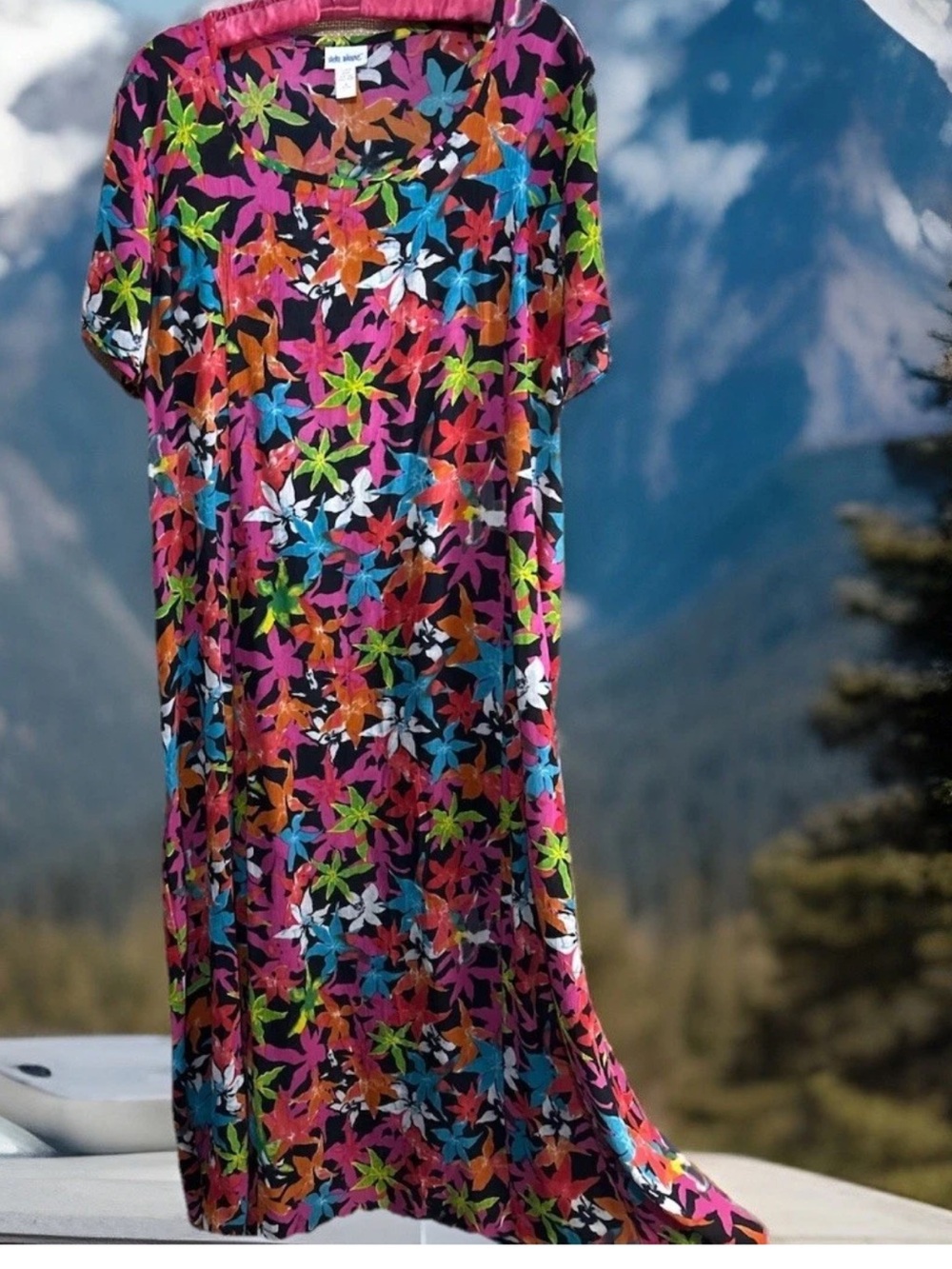 Vicki Wayne Dress L Vintage Y2K 90s Colorful Floral Crinkle Rayon Lace Up Back